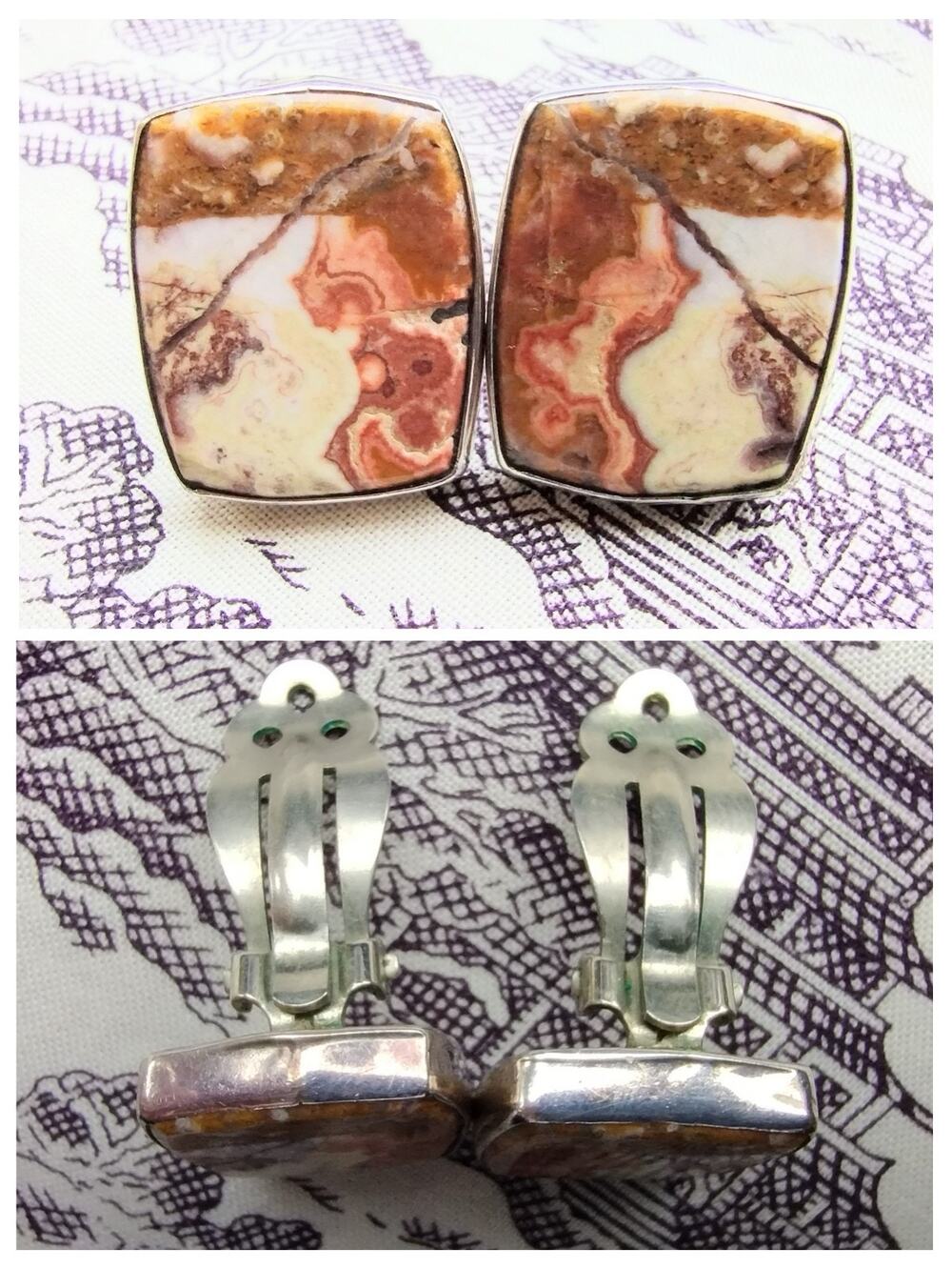 Vintage Rosetta Jasper Sterling Silver Chunky Clip-on Earrings Signed GAC